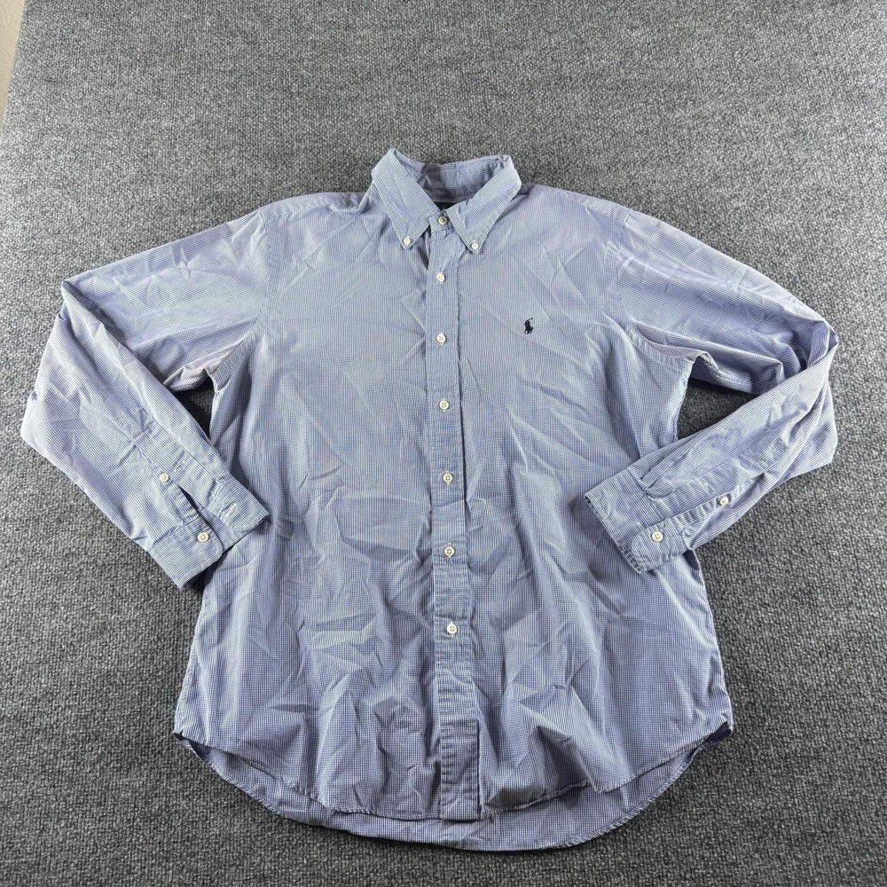 Ralph Lauren Shirt Mens L Blue Check Long Sleeve Button Up Custom Fit Pony Logo*